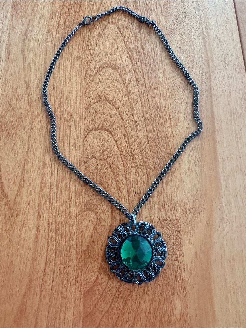 Gunmetal Filigree Necklace with Green Gem Pendant - Women Jewelry